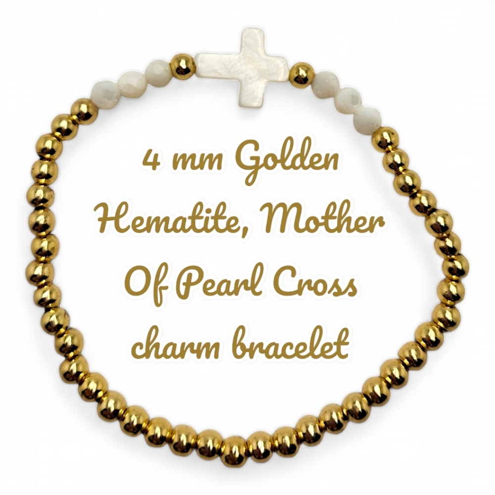 4 mm Golden Hematite,  Mother of Pearl Cross charm bracelet